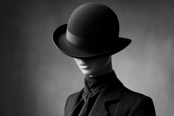 Stylish mannequin wearing a black hat and tailored clothing in a minimalist setting