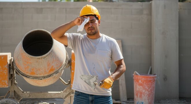 Construction worker sweating in hot sun with cement mixer, wearing hard hat and gloves
