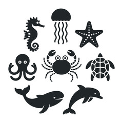 Diverse Marine Life Silhouette Vector Illustration A Comprehensive Collection of Sea Creatures for Educational Resources and Ocean Themed Designs, Perfect for Marine Biology