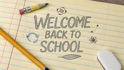 Welcome Back to School Message on Notebook with School Supplies
