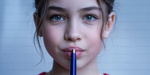 Young Girl Holding a Pen to Her Lips With a Thoughtful Expression in a Softly Lit Indoor Setting
