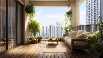 Serene city balcony with wooden furniture, lush plants, and a calming view in a modern apartment setting.