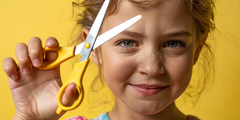 Young Child Shows Creativity While Holding Scissors Against a Bright Yellow Background Indoors