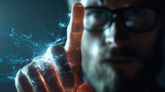 A man with glasses touches a glowing, digital fingerprint interface, symbolizing futuristic technology and biometric security. - Powered by Adobe