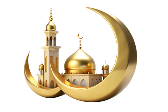 A golden crescent moon framing an islamic mosque with golden domes and minarets, isolated on white isolated on transparent background