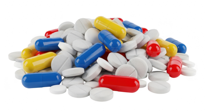 A pile of colorful medical pills and capsules, including white tablets and blue, yellow, and red capsules isolated on transparent background - Powered by Adobe