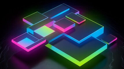 Isometric neon blocks background glowing squares abstract graphic design wallpaper illustration