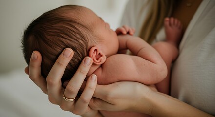 A newborn baby is gently cradled in the arms of a parent, close-up view.