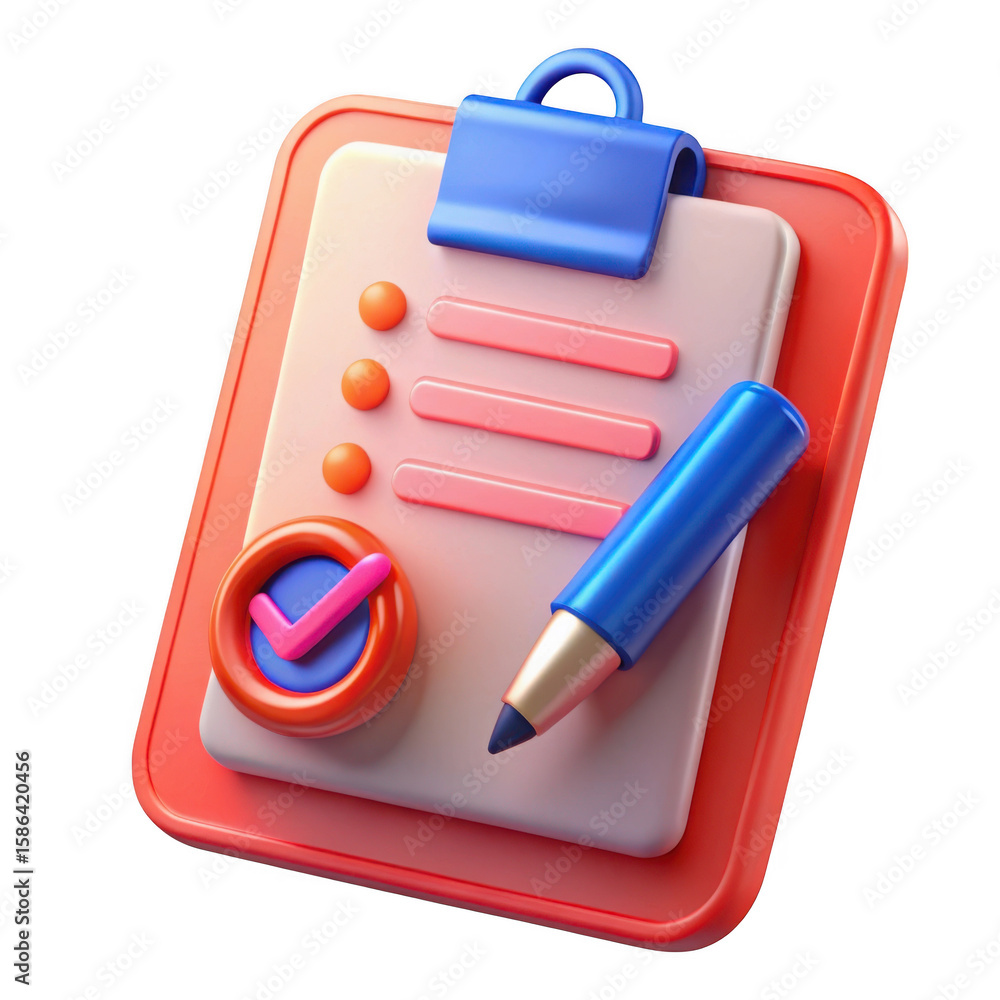 Poster 3d checklist and pen icon with checkmark isolated on transparent background