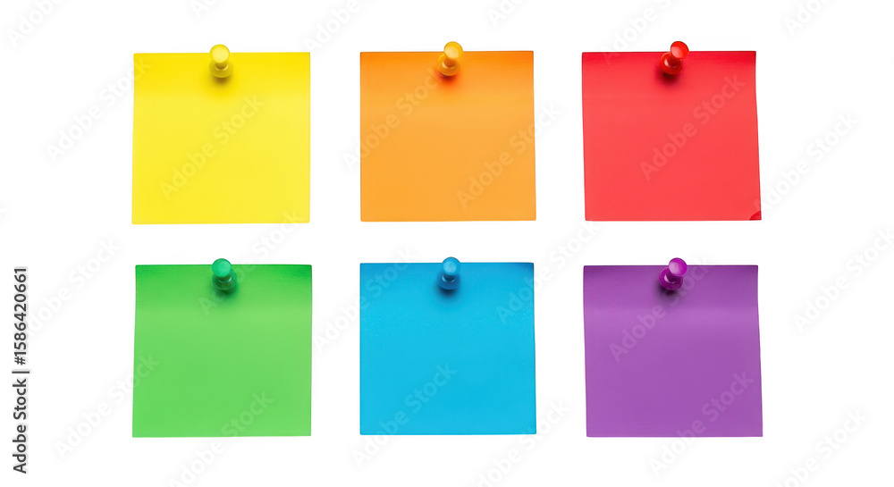 Poster six colorful sticky notes with pushpins, arranged in two rows on a transparent background