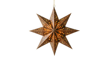 Obraz premium Ornate copper star lantern with intricate cutouts casting warm light isolated on transparent background