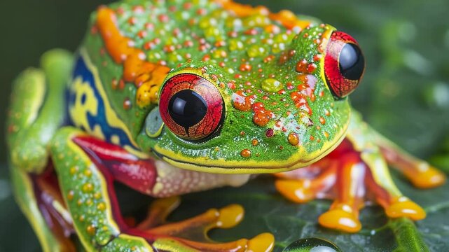 Vibrant green tree frog perched on a leaf in a tropical rainforest showcasing its colorful patterns and unique features