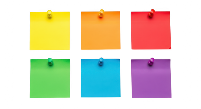 Six colorful sticky notes with pushpins, arranged in two rows on a transparent background