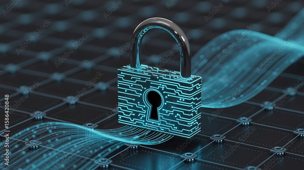 Poster cybersecurity digital padlock data protection network security online privacy and encryption concept