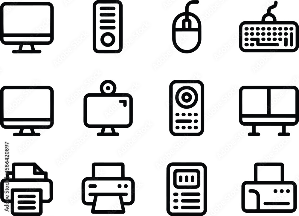 Poster collection of simple black line art icons representing computer hardware and peripherals