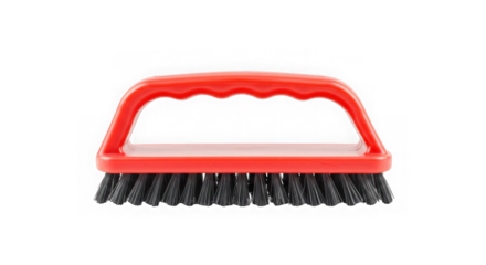Red handled scrubbing brush with black bristles isolated on transparent background