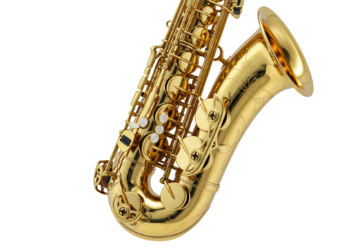 A classic tenor saxophone, highly polished golden brass, intricate key work, mother-of-pearl buttons, against transparent studio background, concept of musical instrument perfection