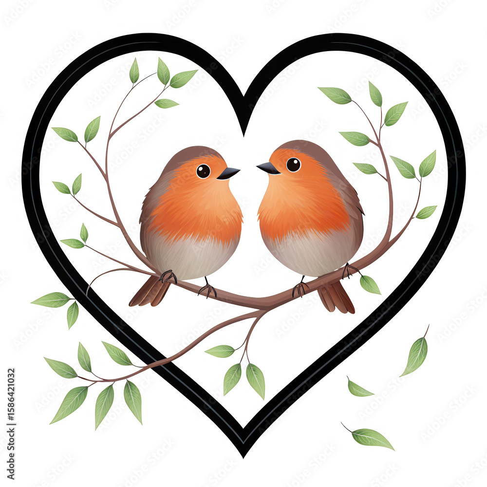 Poster two robins perched on a branch inside a heart shape transparent background