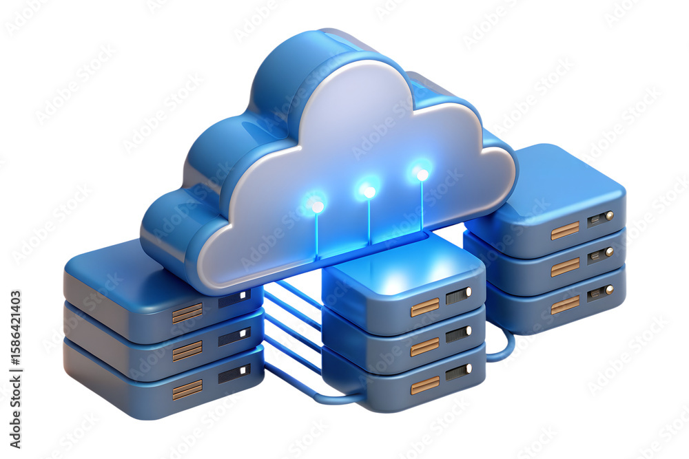 Poster a blue cloud connected to server stacks representing cloud computing and data storage solutions on t