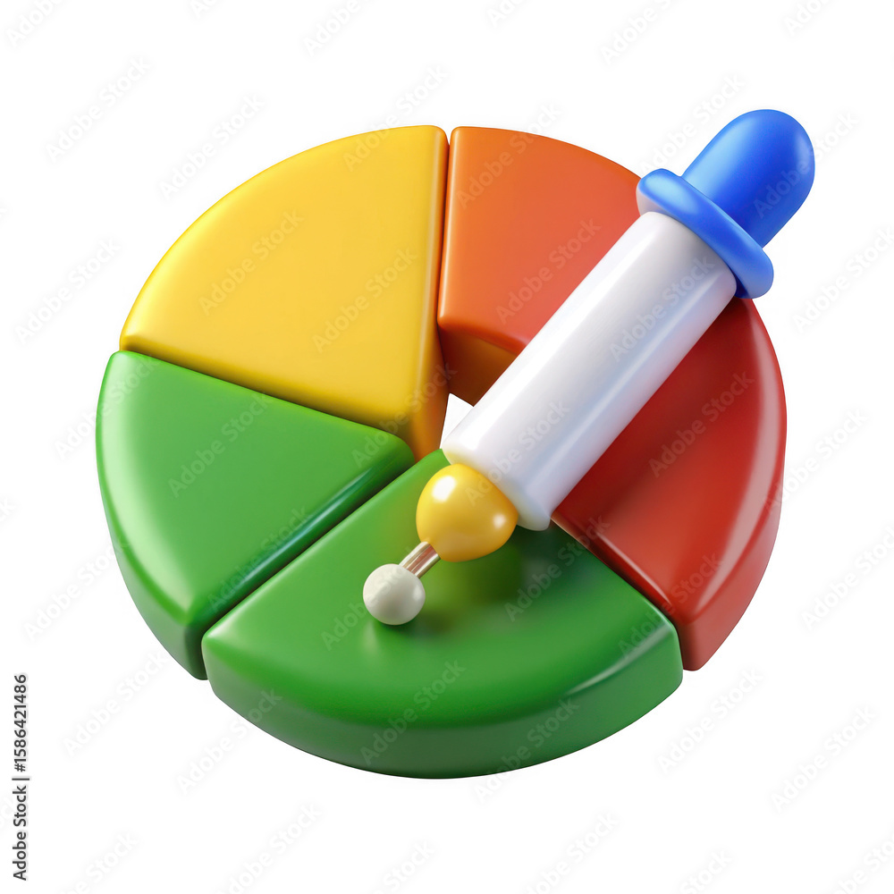 Poster stylized 3d pie chart with dropper tool isolated on transparent background