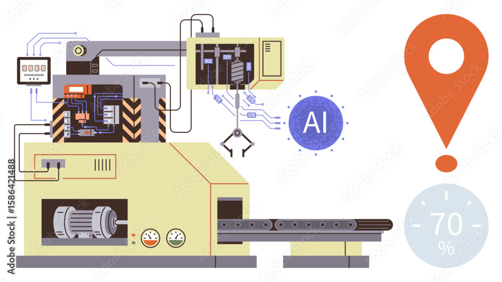 Poster robotic arm in factory assembly line with ai system and digital controls. efficiency meter and indus