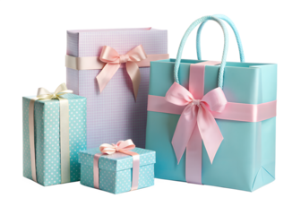 A festive collection of colorful gift boxes and bags tied with satin ribbons and bows isolated on transparent background