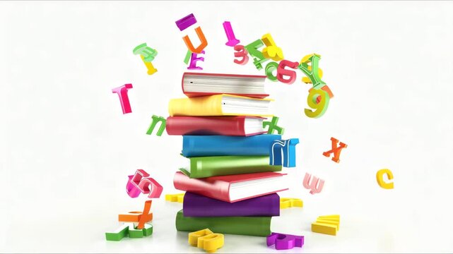 Colorful stack of books with floating letters in an educational setting for children and creative learning