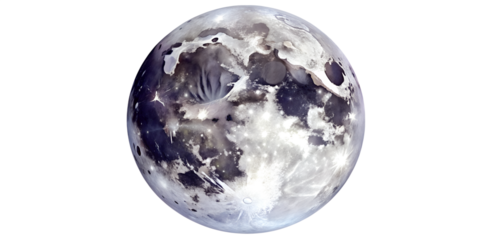 A detailed view of the luminous full moon with visible craters against a dark background isolated on transparent background