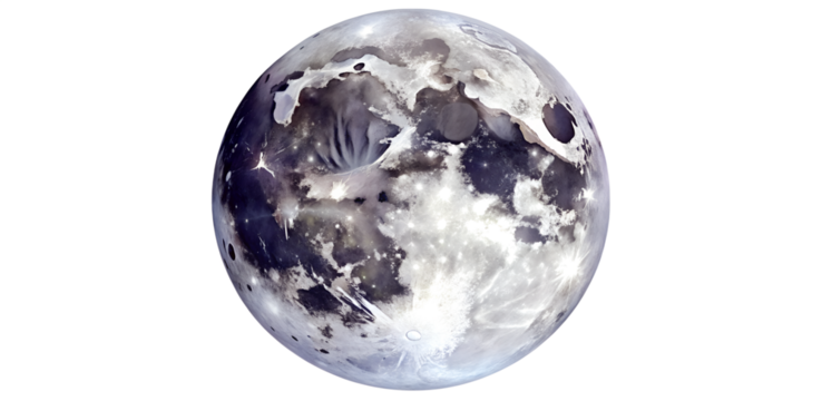 A detailed view of the luminous full moon with visible craters against a dark background isolated on transparent background
