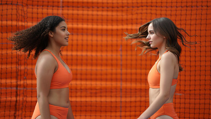 Two Women Wearing Orange Swimwear Pose Confidently on a Vibrant Court During a Sunny Day for a Dynamic Sports-Themed Shoot