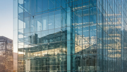 Fototapeta premium A modern glass skyscraper reflects the surrounding buildings and sky, showcasing architectural design.