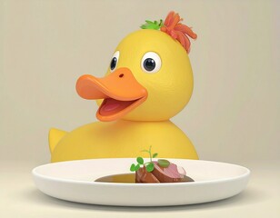 A surreal twist on fine dining — a delicate duck breast dish sits elegantly plated, watched over by a cheerful cartoon duck, blurring the line between humor and haute cuisine