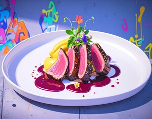 A vibrant fusion of haute cuisine and urban art — tender slices of duck breast glazed in red wine reduction, paired with silky purée and edible flowers, framed by a backdrop of street graffiti