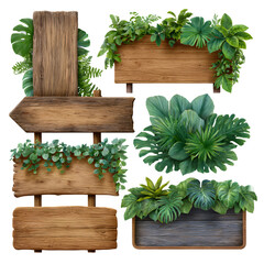 Jungle themed wooden sign collection isolated on transparent background