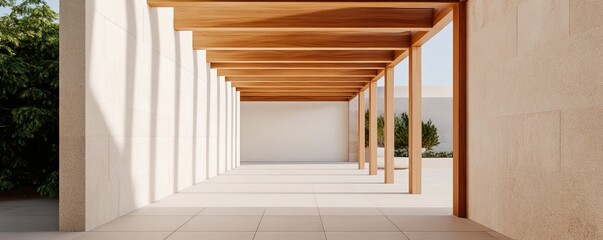 Naklejka premium Minimalist Corridor with Wood Beams and Natural Light, architecture, design