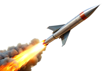 A powerful rocket blasting off with a trail of fire and smoke, symbolizing speed and space exploration isolated on transparent background