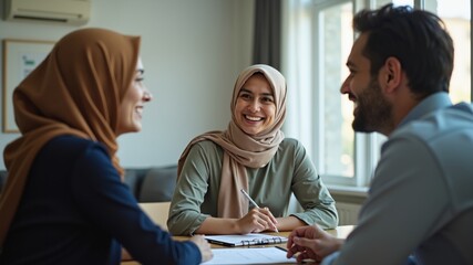 Happy business woman talking to her colleague in a meeting Muslim business. Authentic Arabian style.