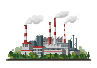 Obraz premium Factory illustration with smoke stacks and green trees vector art