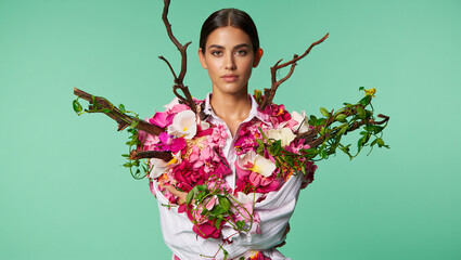 Model Wears Floral Arrangement With Branches on Vibrant Background Showcasing Nature-Inspired Fashion Design