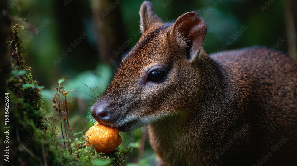 Aufkleber paca enjoys fruit in a dim forest setting surrounded by rich greenery and shadows