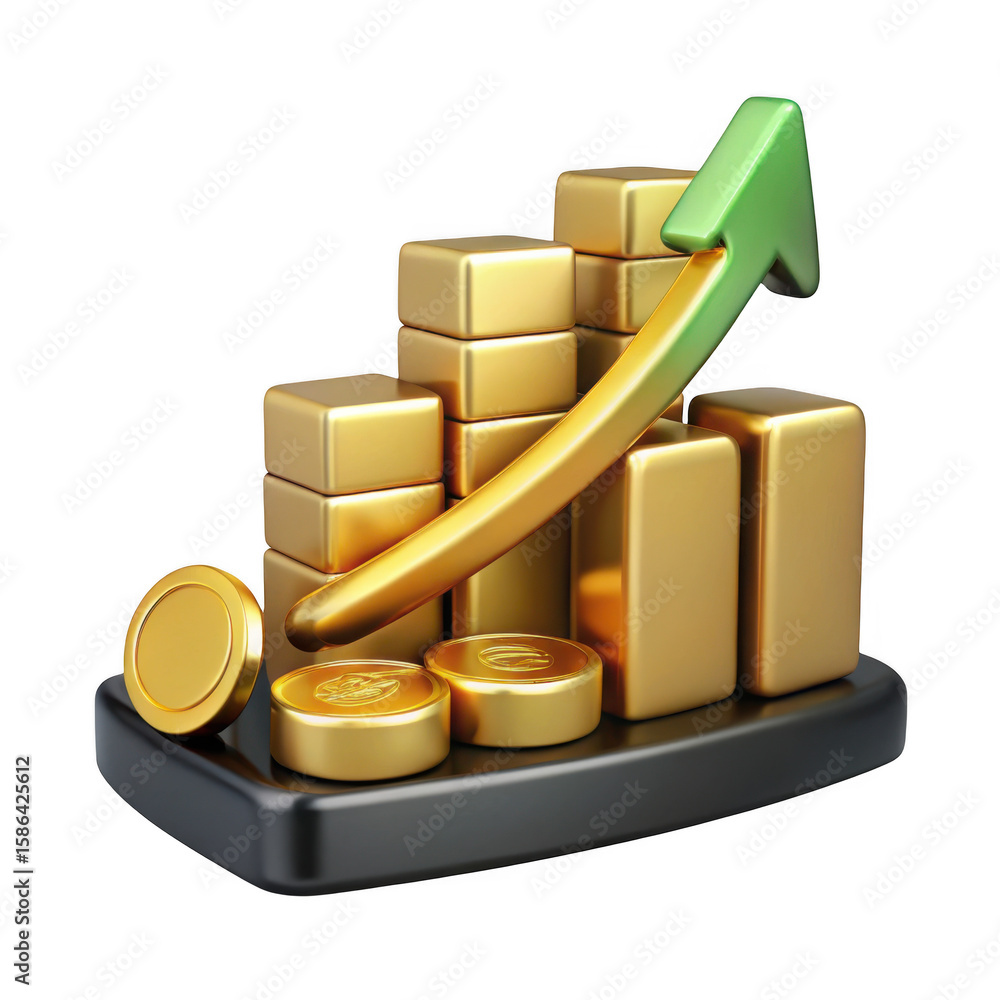 Poster golden bar chart with upward trend arrow and coins isolated on transparent background