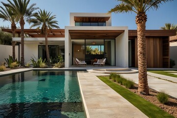 Fototapeta premium “Modern Luxury Villa with Pool, Wooden Deck, and Minimalist Architecture”