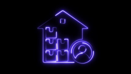 Neon warehouse icon with stacked boxes and user profile symbol glowing purple on black background representing - Powered by Adobe