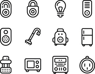 Collection of twelve black line art icons representing various household appliances and security devices