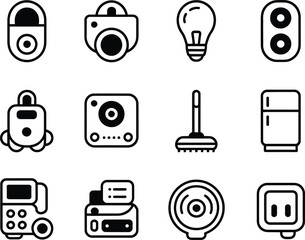 Collection of twelve modern black and white icons representing smart home devices and technology