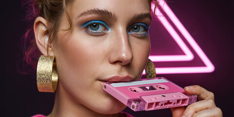 Young Woman With Bold Makeup Holding a Pink Cassette Tape Near Her Lips in a Vibrant Neon Setting