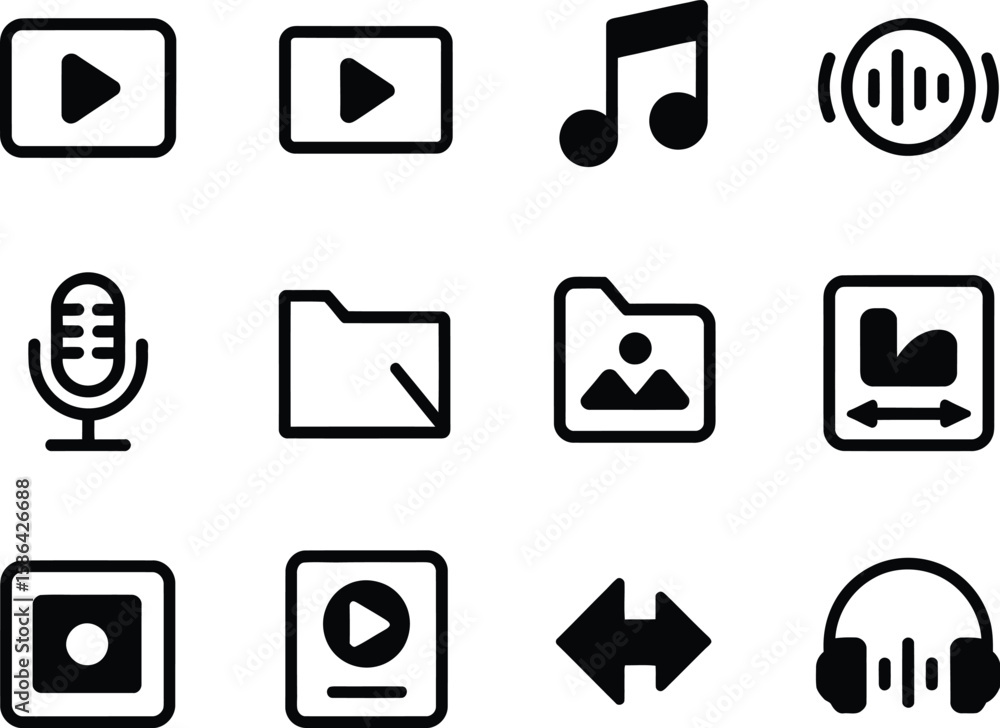 Poster collection of black icons representing media playback audio and file management