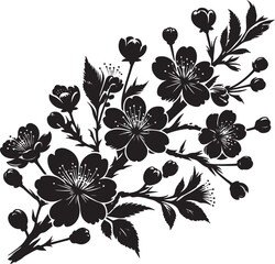 Cherry Blossom Branch Silhouette – Black and White Floral Vector with Detailed Flowers and Buds