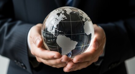 A businessman holds a glass globe in his hands, symbolizing global business