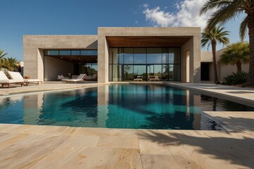“Modern Luxury Villa with Pool, Wooden Deck, and Minimalist Architecture”
